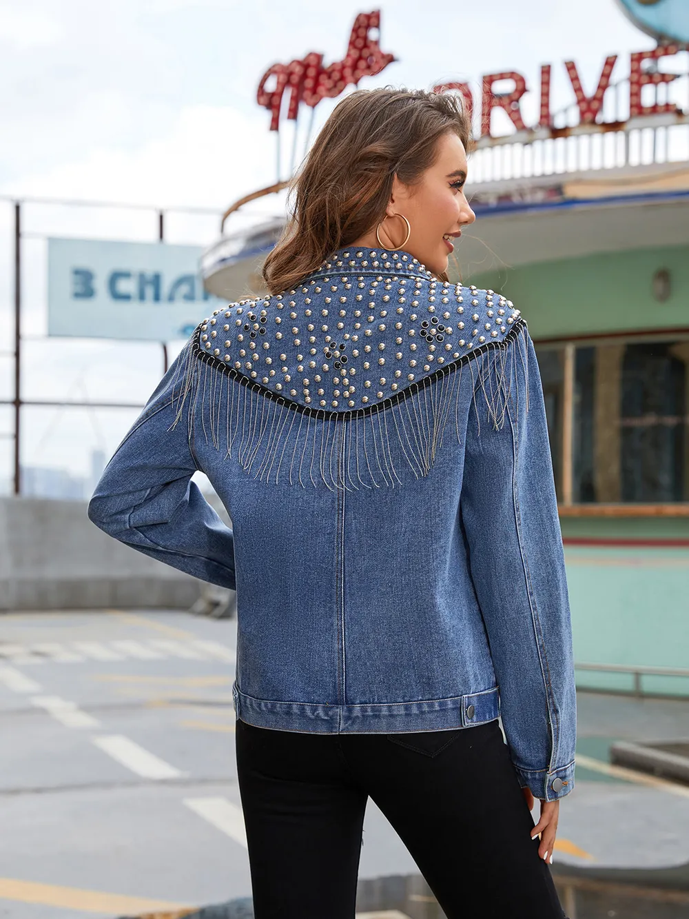 Studded Fringe Button Down Denim Jacket, image 2
