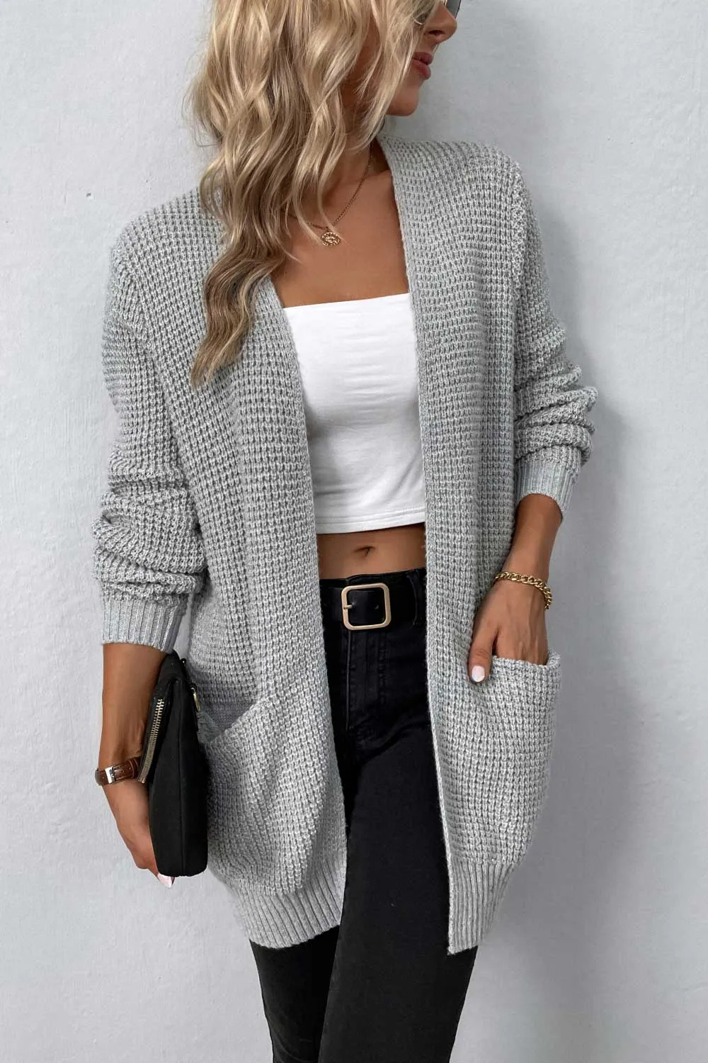Rib-Knit Open Front Pocketed Cardigan, image 17