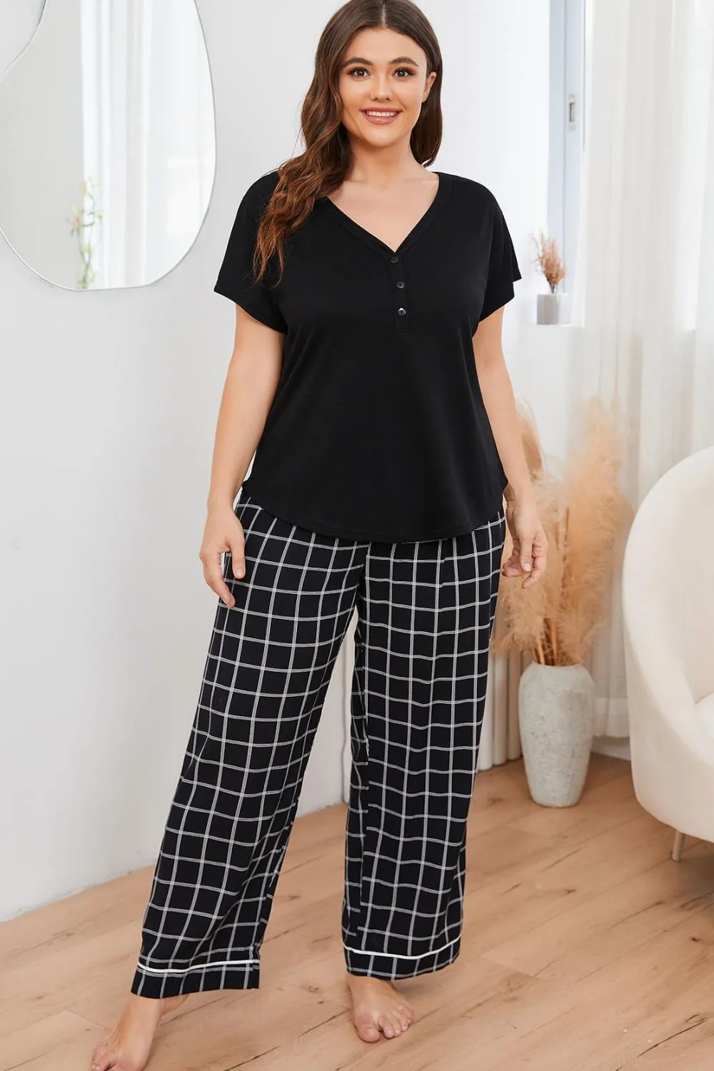 Plus Size V-Neck Top and Plaid Pants Lounge Set, image 3