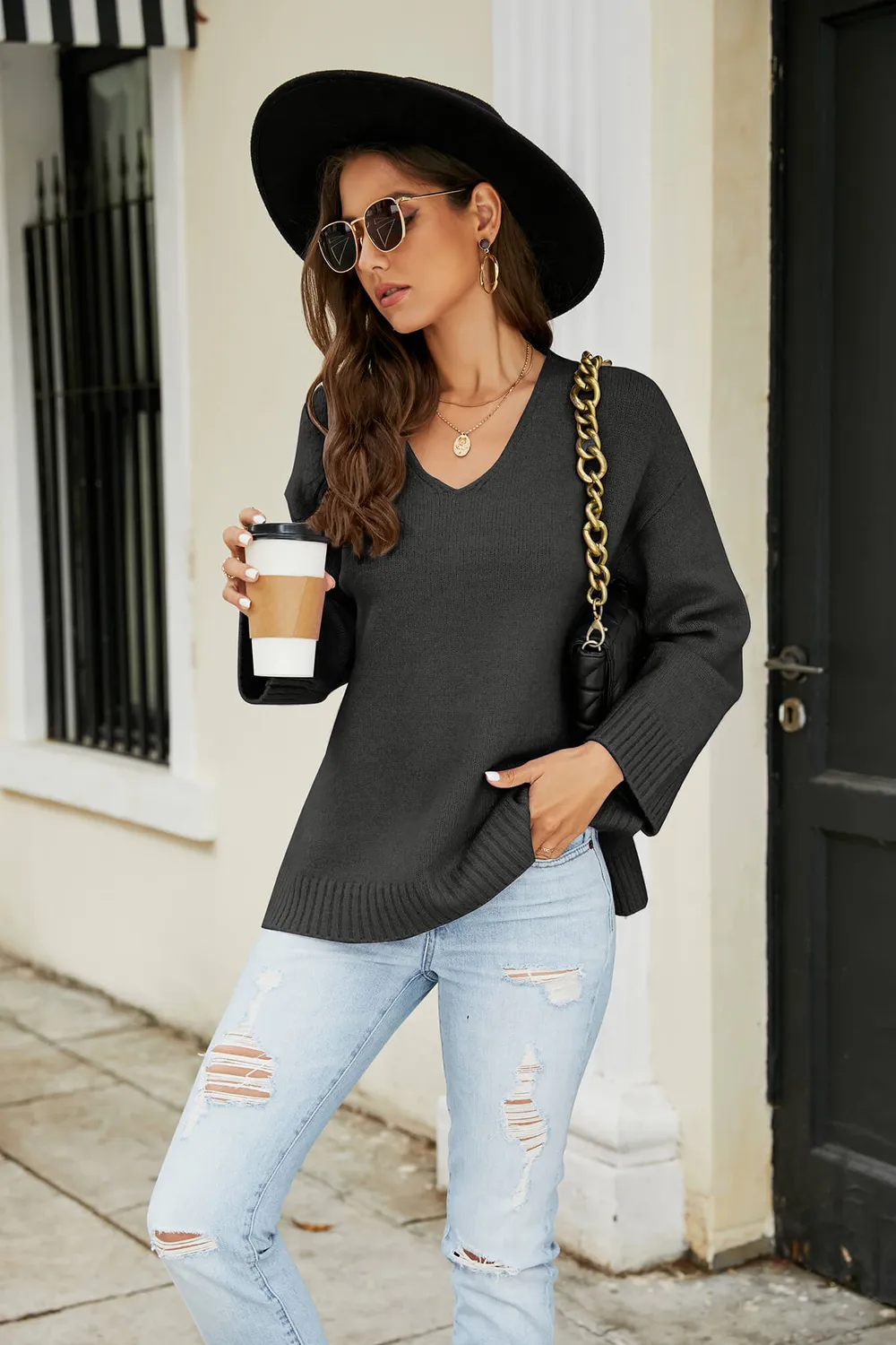 Drop Shoulder V-Neck Knit Pullover, image 5
