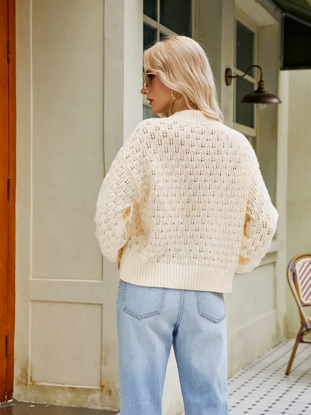 Openwork Round Neck Sweater, image 2