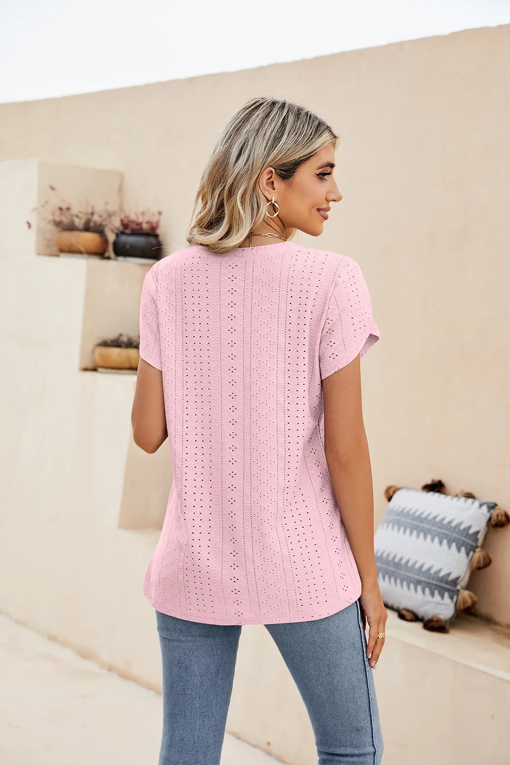 Eyelet Petal Sleeve V-Neck Knit Top, image 3