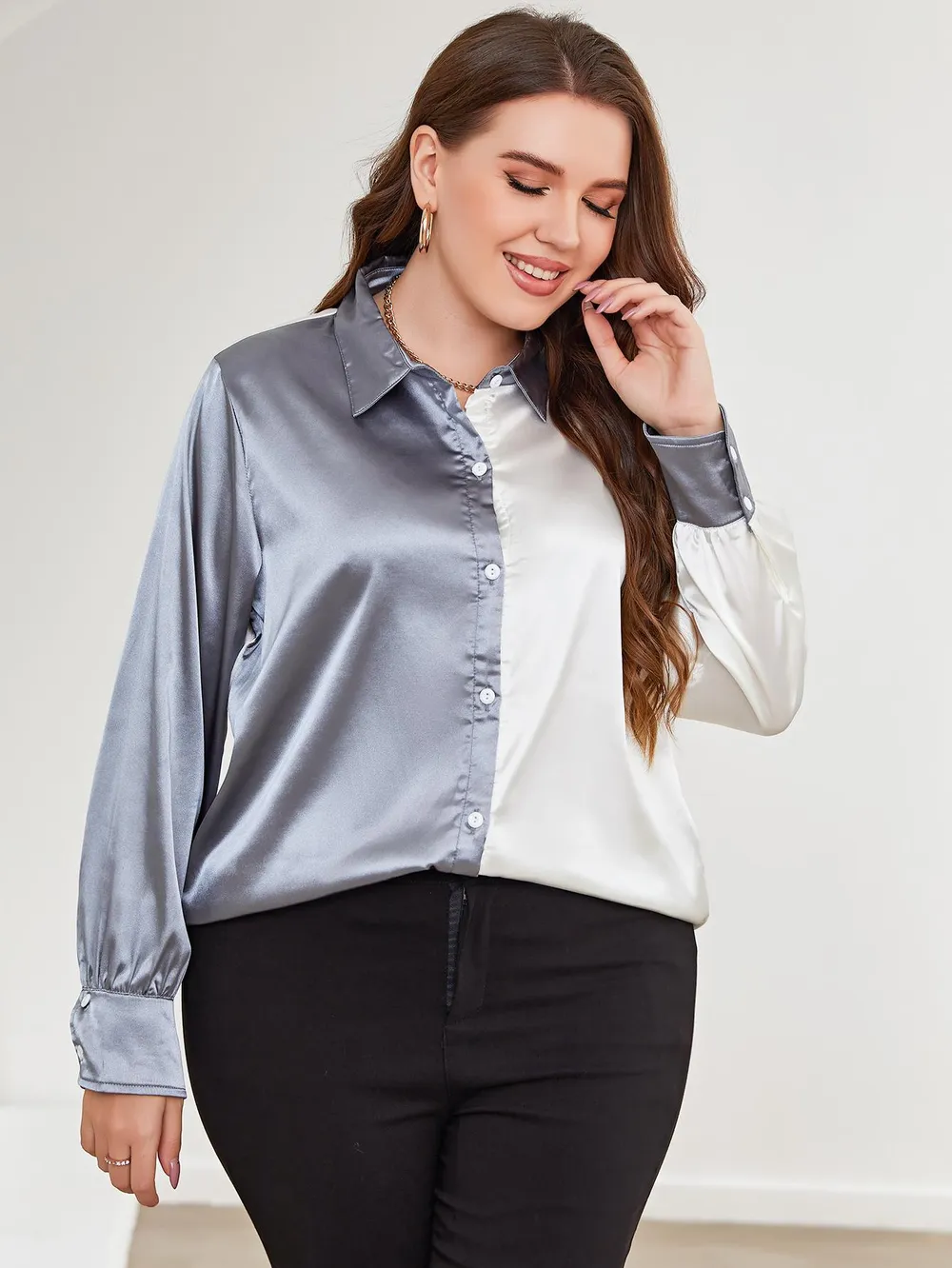 Plus Size Two-Tone Long Sleeve Shirt, image 5