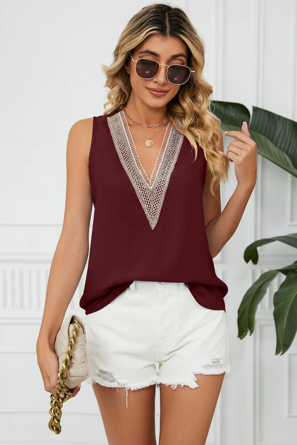 Contrast Trim Plunge Sleeveless Blouse, image 17