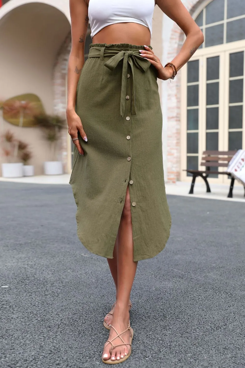 Tie Belt Frill Trim Buttoned Skirt, image 8