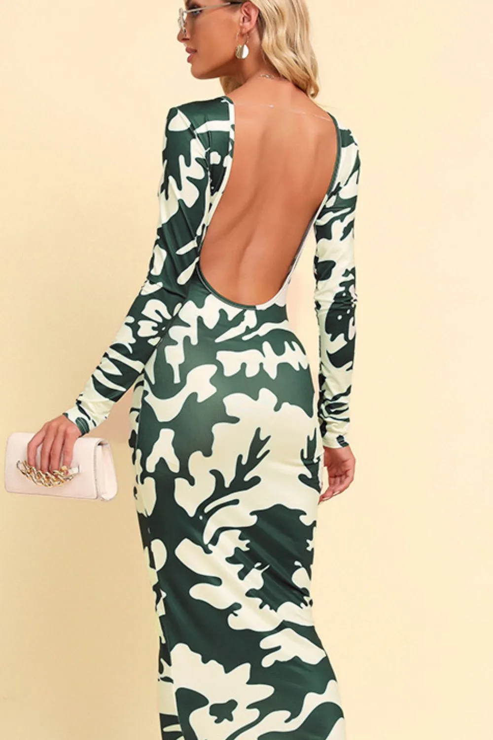 Printed Backless Long Sleeve Maxi Dress, image 5