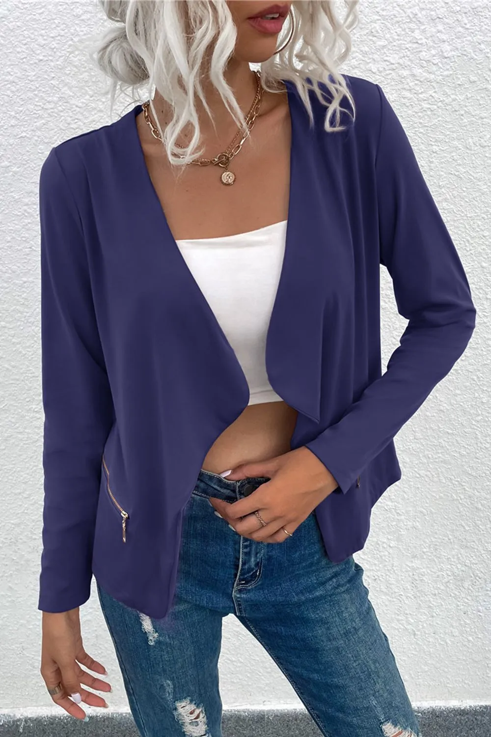 Open Front Zipper Pocket Cardigan, image 9