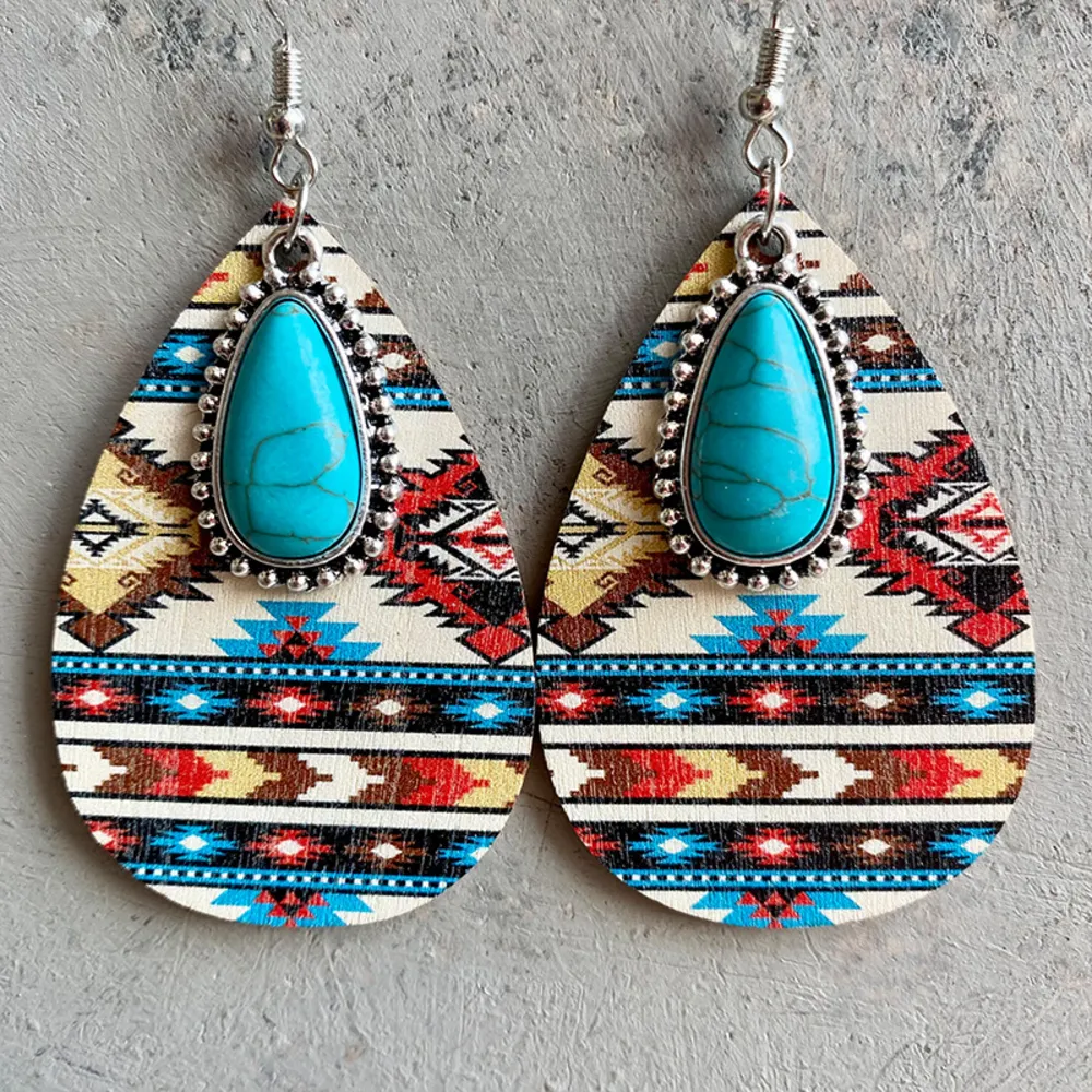 Turquoise Teardrop Shape Wooden Dangle Earrings, image 4