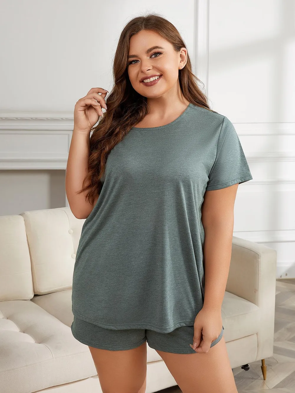 Plus Size Round Neck Short Sleeve Two-Piece Loungewear Set, image 6