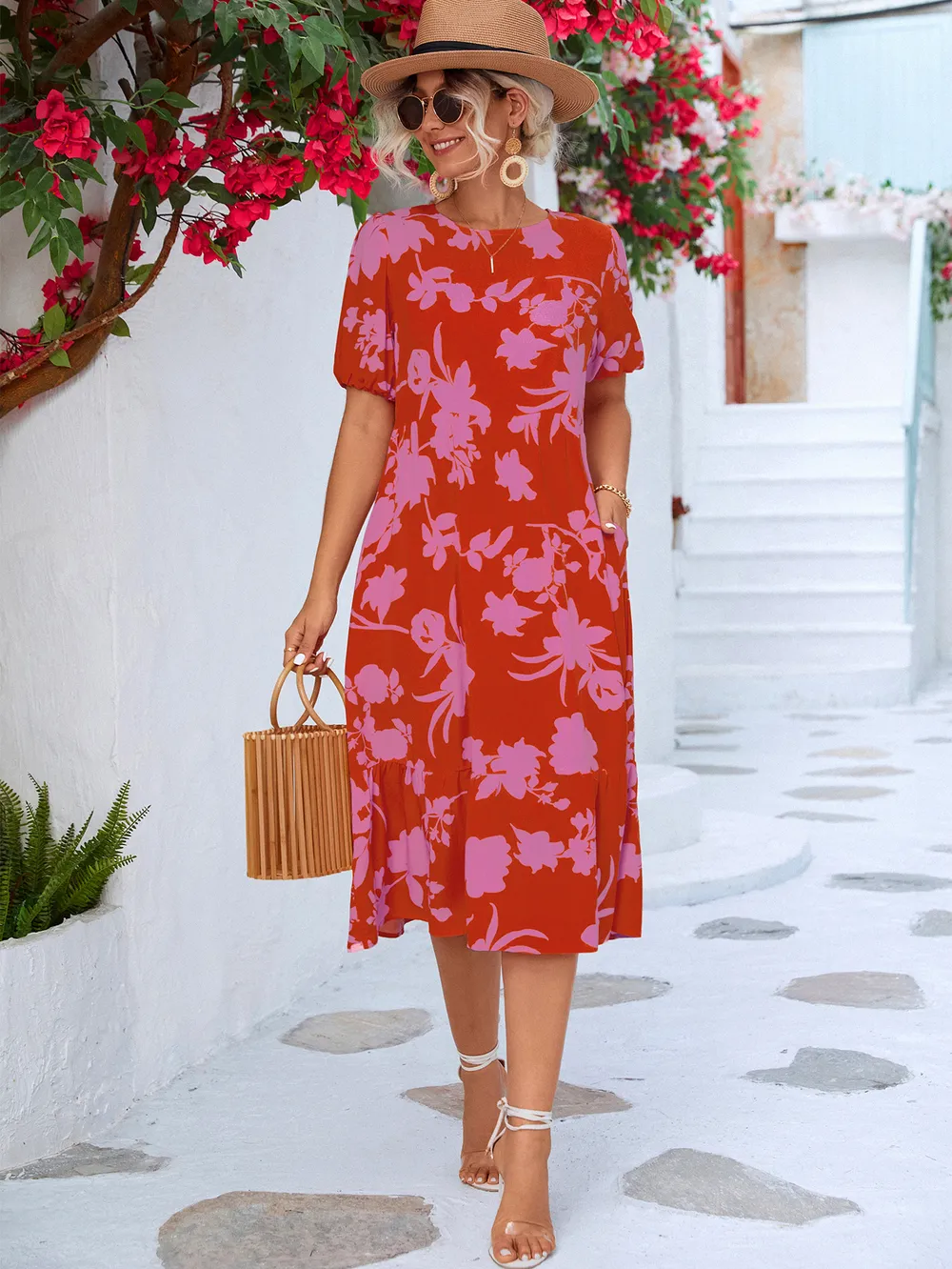 Floral Puff Sleeve Ruffle Hem Midi Dress, image 15