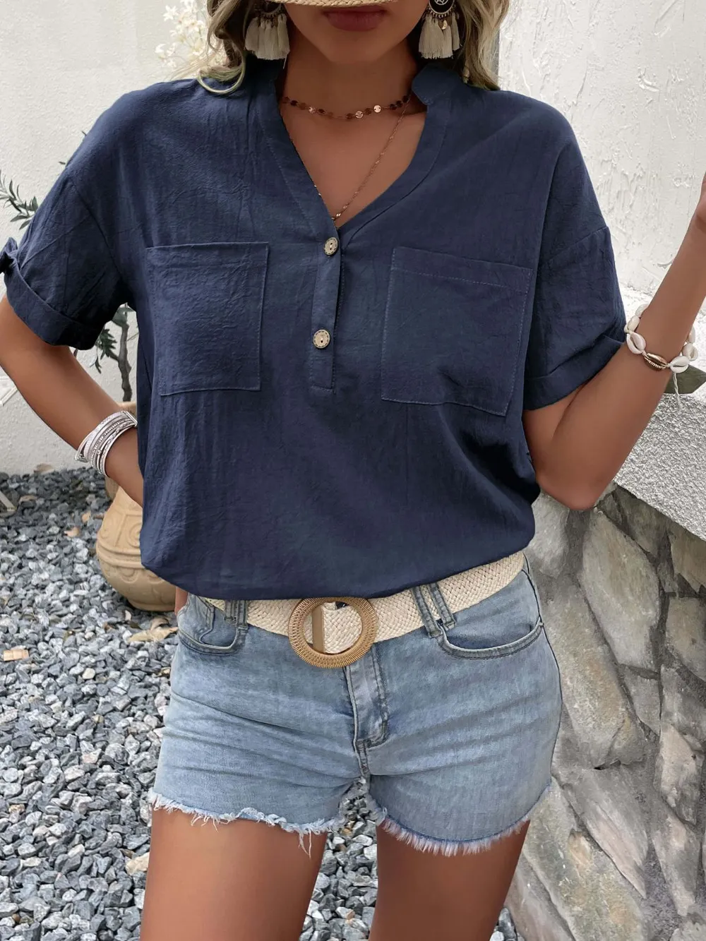 Buttoned Notched Neck Cuffed Sleeve Blouse, image 10