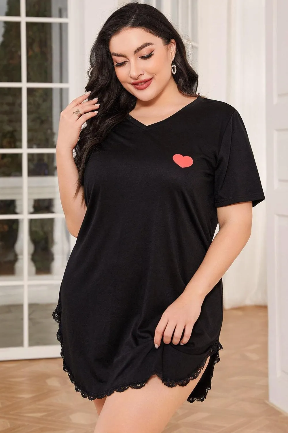 Plus Size Lace Trim V-Neck Short Sleeve Night Dress, image 4