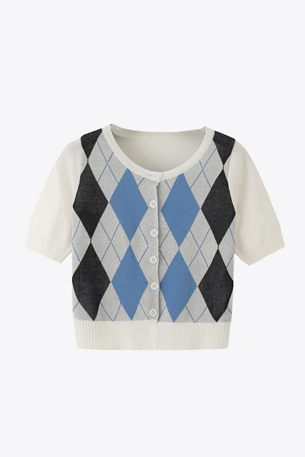 Argyle Round Neck Ribbed Trim Cardigan, image 9