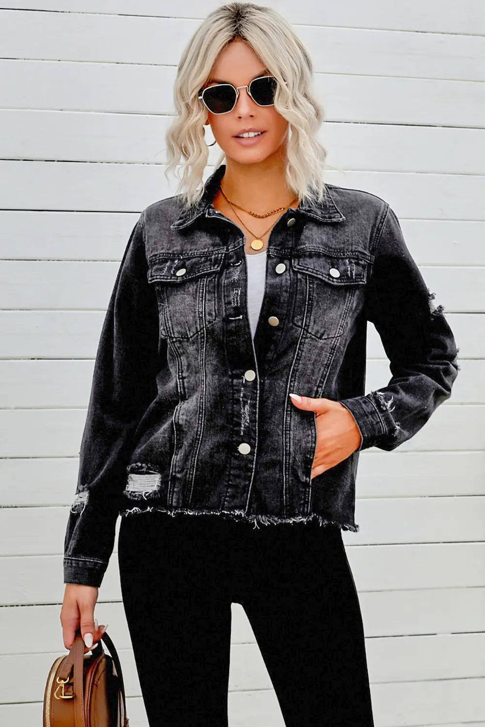 Distressed Raw Hem Buttons Denim Jacket, image 6