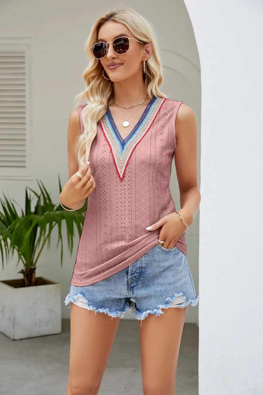 Contrast V-Neck Eyelet Tank, image 21