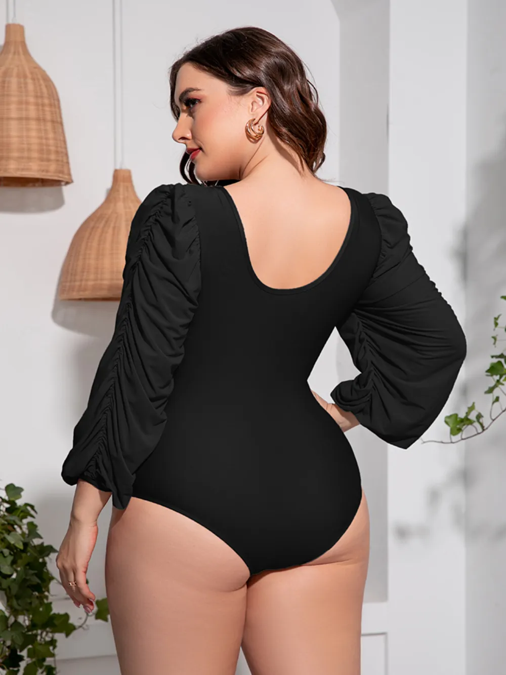 Plus Size Tied Deep V Balloon Sleeve One-Piece Swimsuit, image 3