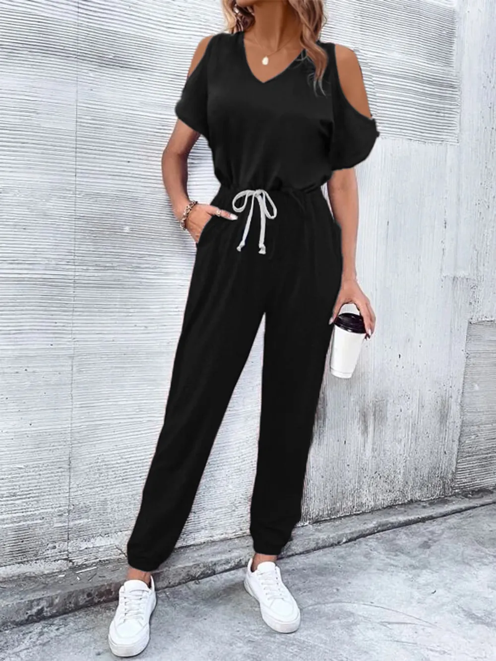 V-Neck Cold-Shoulder Jumpsuit with Pockets, image 8