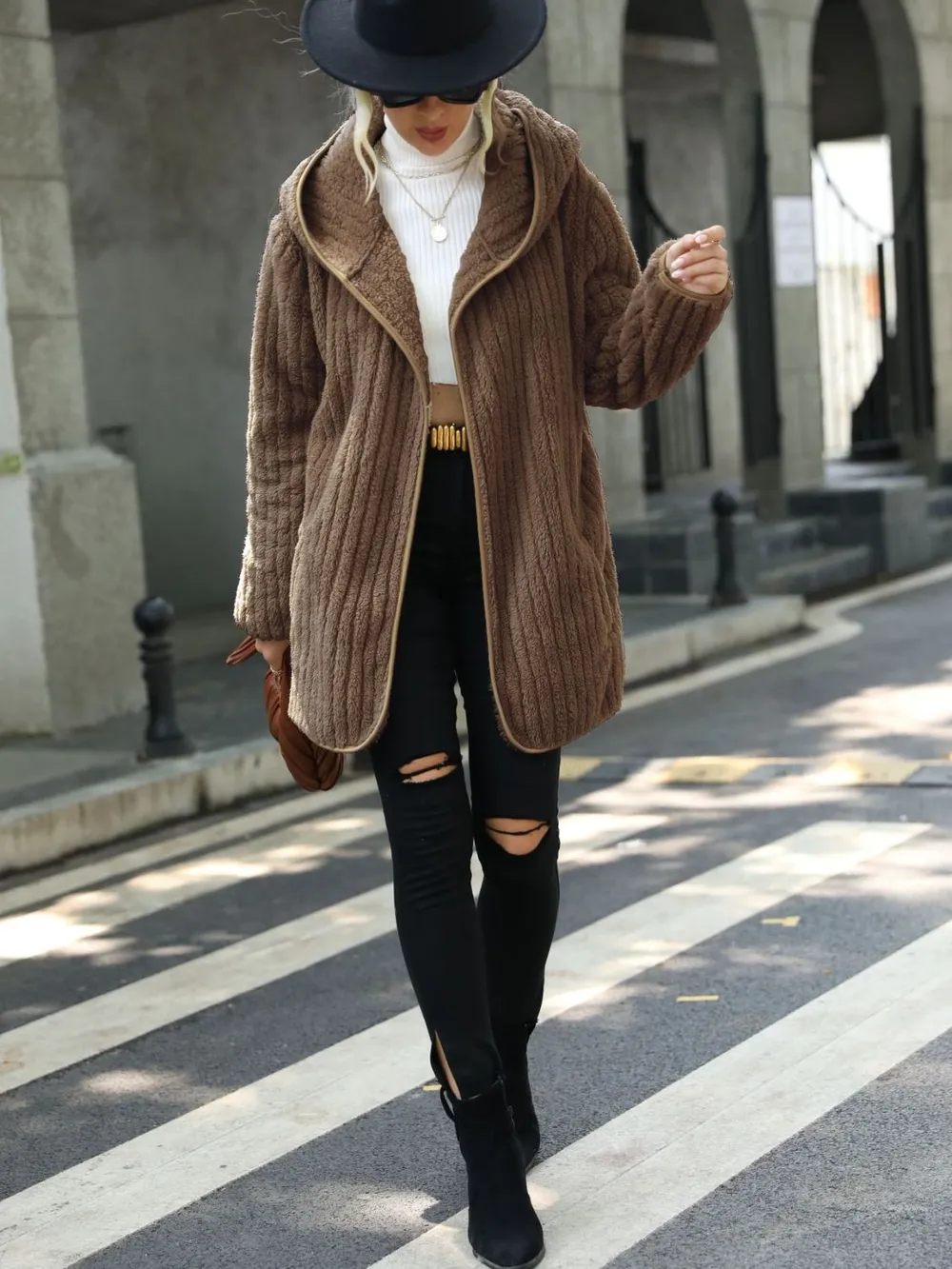 Open Front Ribbed Hooded Coat, image 12
