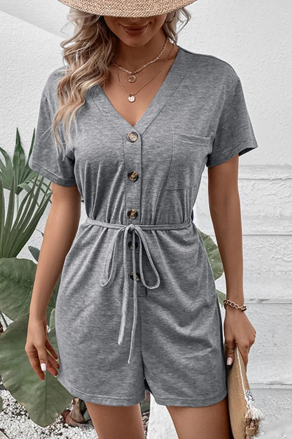V-Neck Short Sleeve Tied Romper, image 4