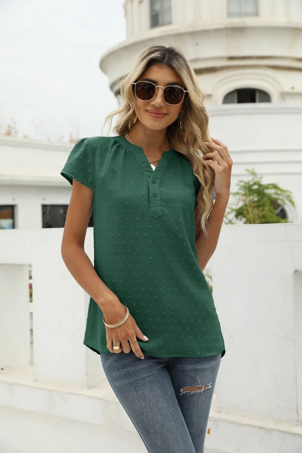 Swiss Dot Notched Neck Short Sleeve Top, image 2