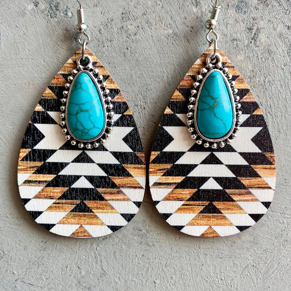 Turquoise Teardrop Shape Wooden Dangle Earrings, image 5