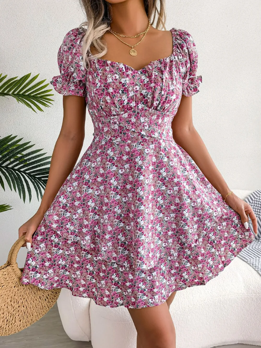 Floral Sweetheart Neck Flounce Sleeve Mini Dress, image 9