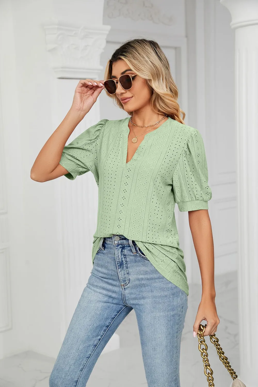 Eyelet Short Puff Sleeve Notched Neck Top, image 15
