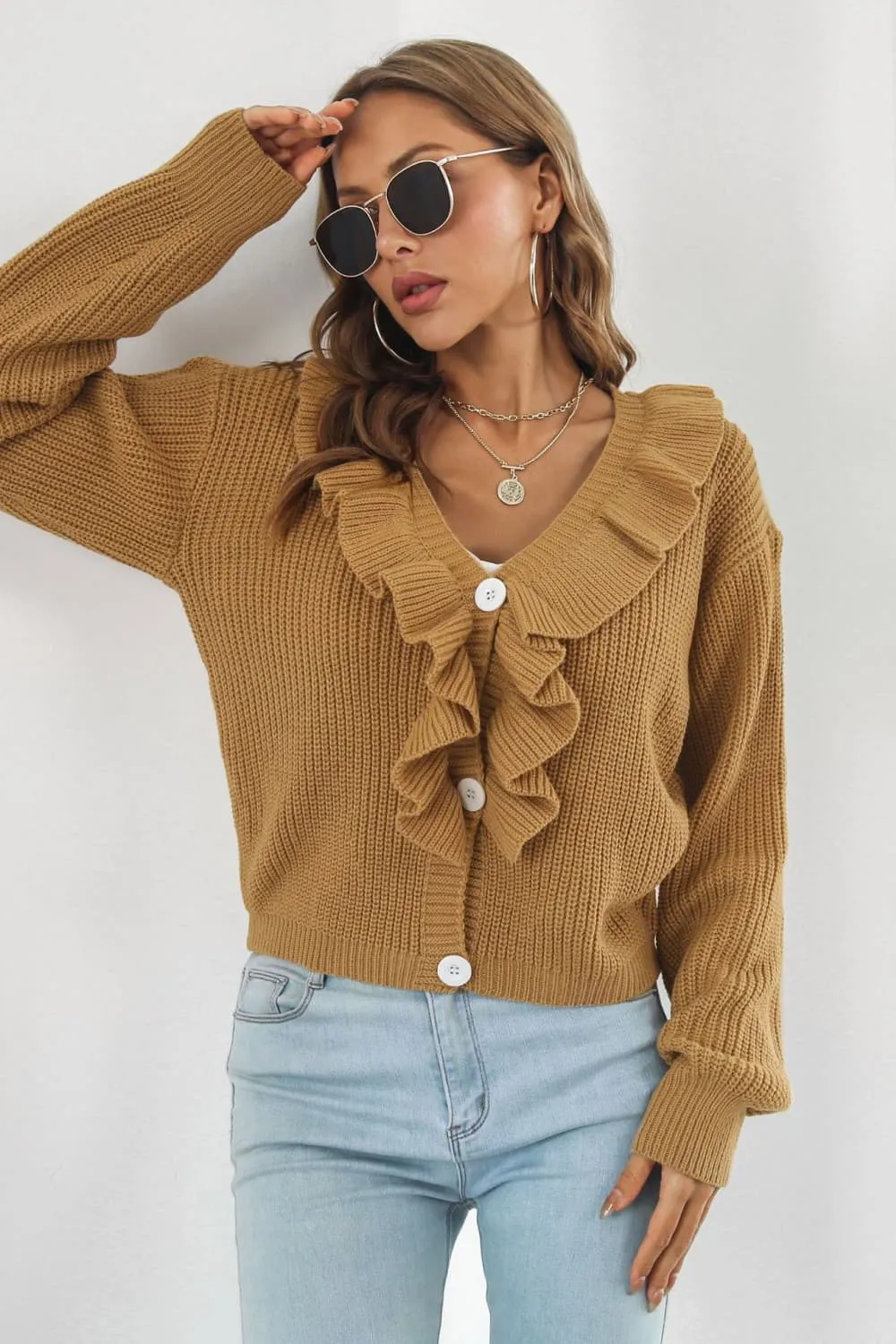 Ruffle Trim Button-Down Dropped Shoulder Sweater, image 8
