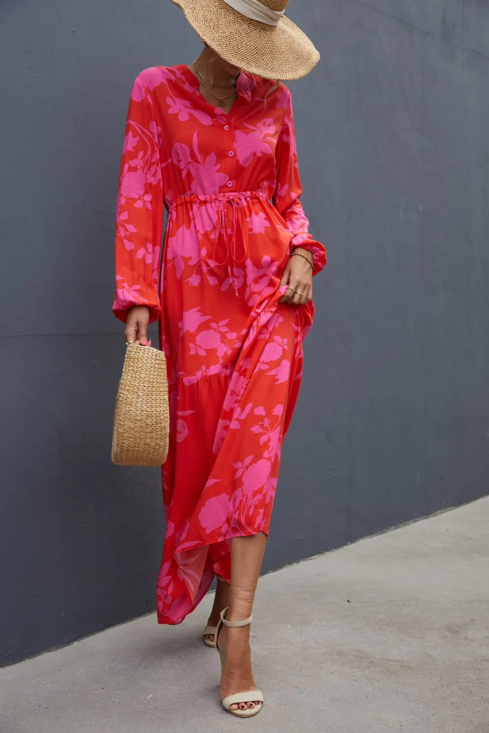Floral Drawstring Waist Long Sleeve Dress, image 6