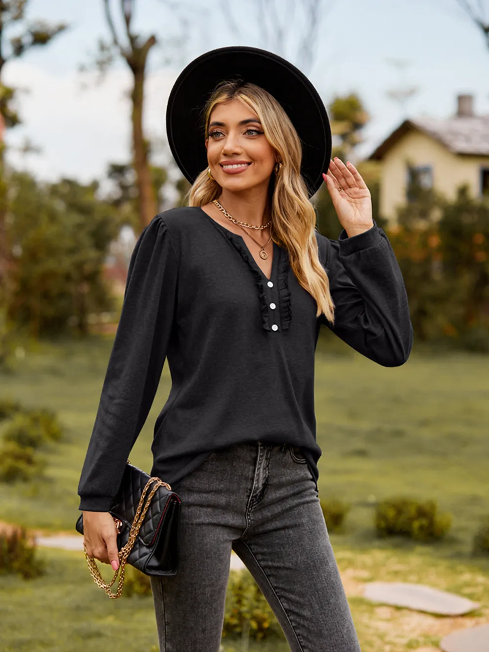 Puff Sleeve Ruffle Trim Blouse, image 11