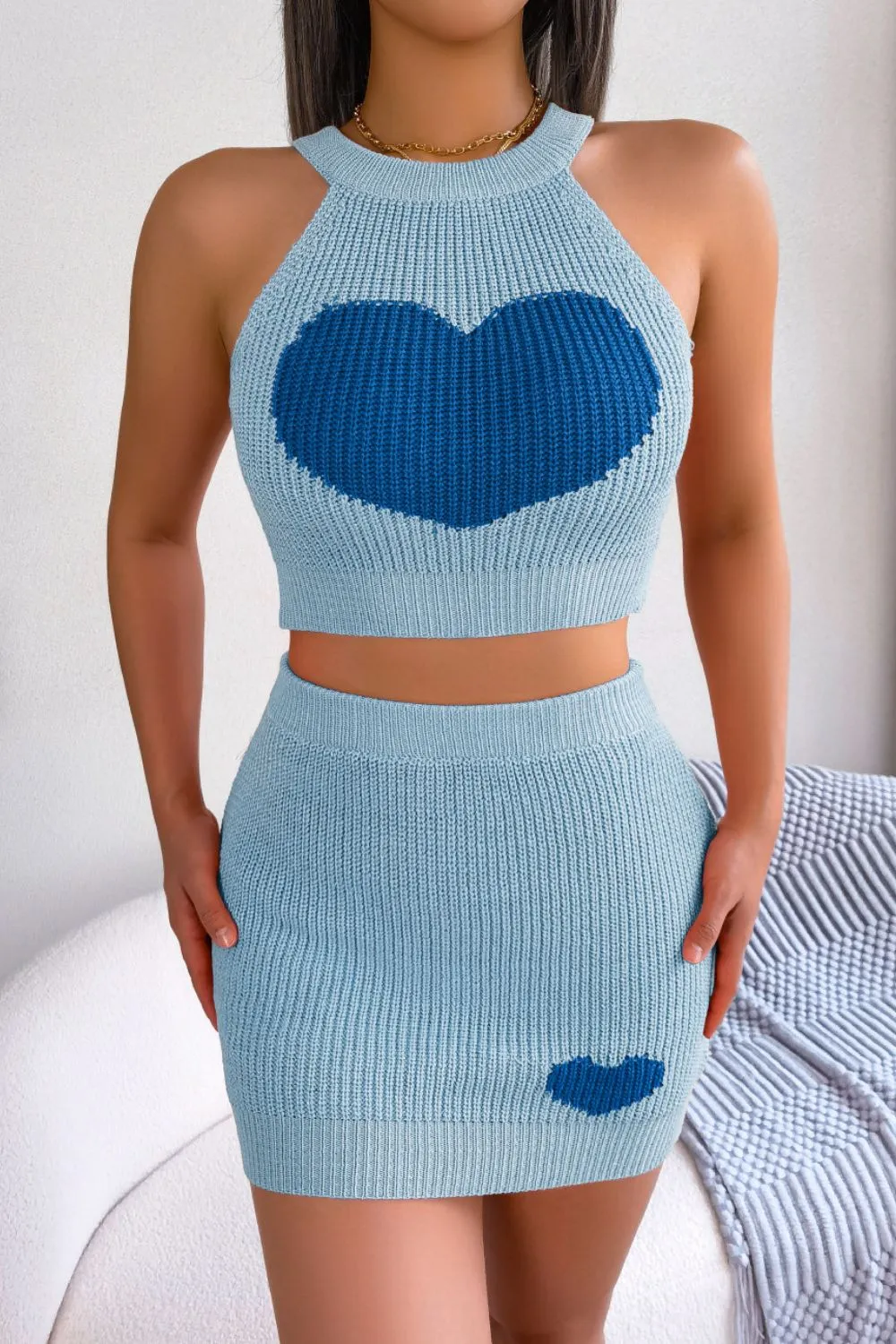 Heart Contrast Ribbed Sleeveless Knit Top and Skirt Set, image 7