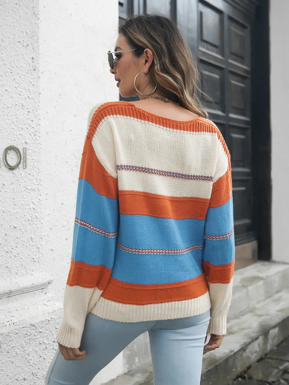 Striped V-Neck Drop Shoulder Sweater, image 2