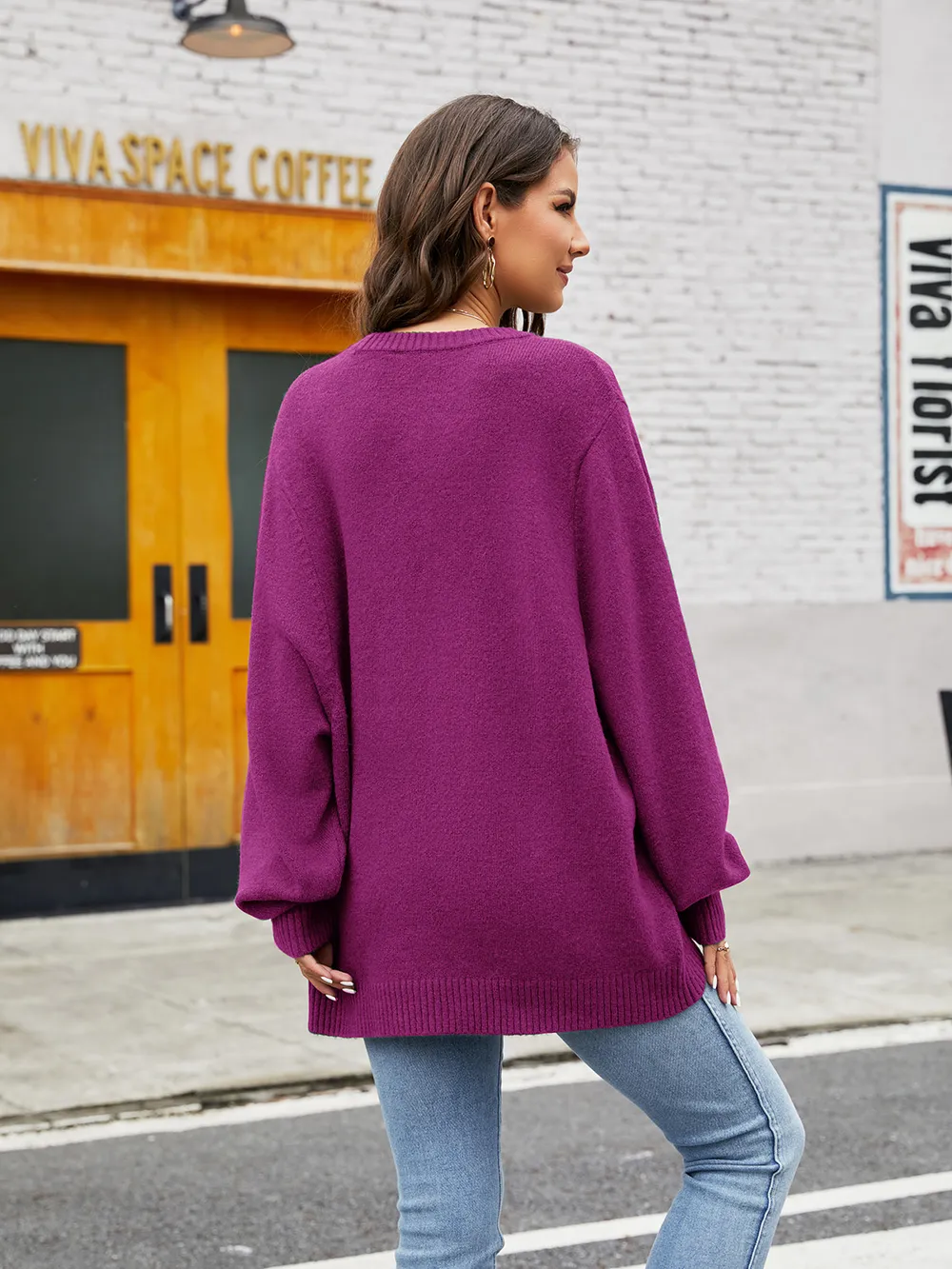 Round Neck Ribbed Trim Sweater, image 8