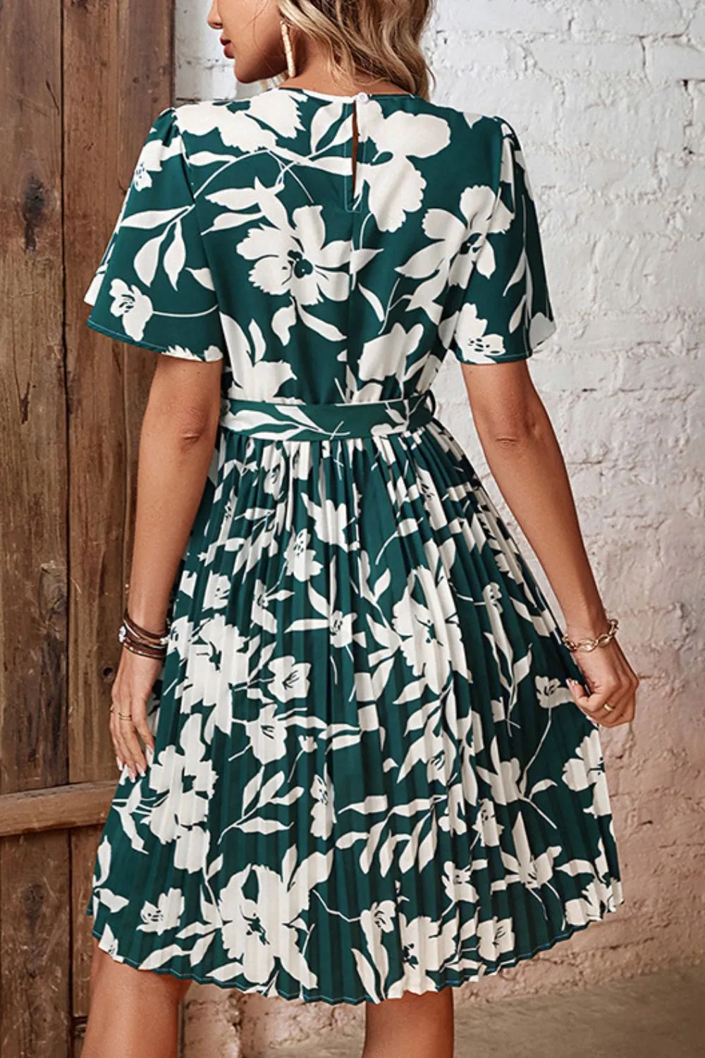 Floral Round Neck Tie Belt Pleated Dress, image 4