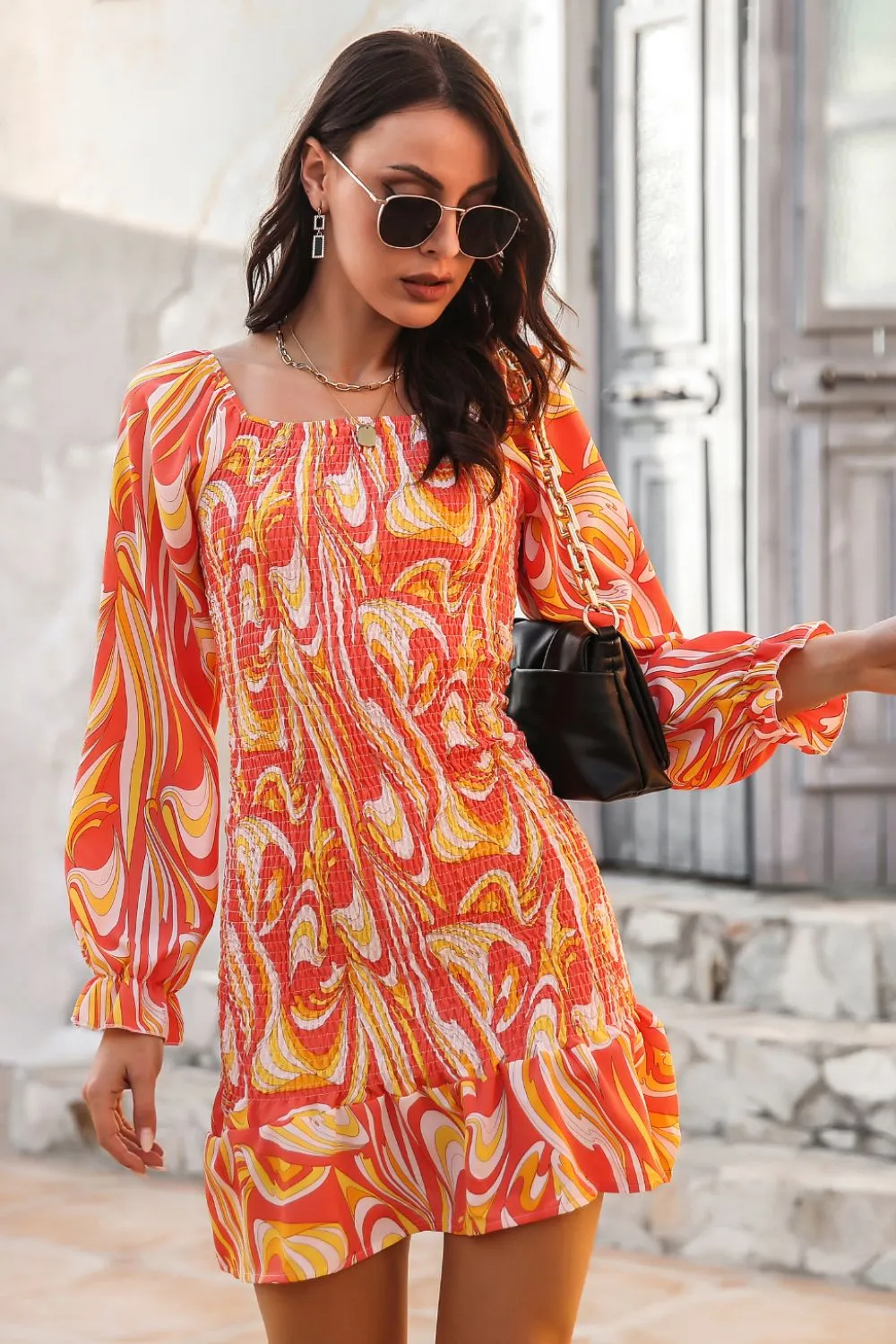 Abstract Print Square Neck Smocked Dress, image 10