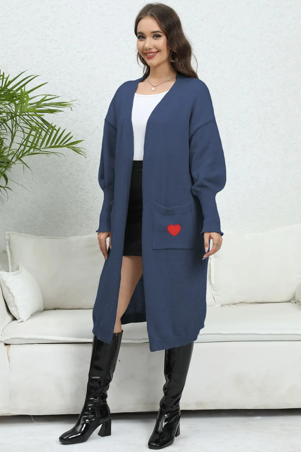 Lantern Sleeve Open Front Pocketed Cardigan, image 7