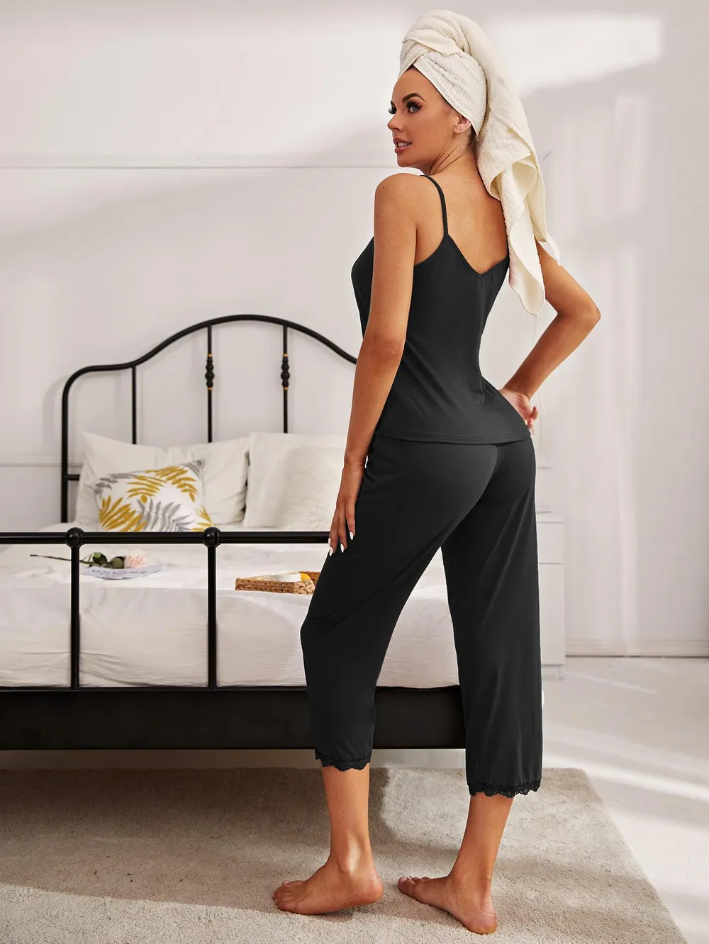 V-Neck Lace Trim Slit Cami and Pants Pajama Set, image 12