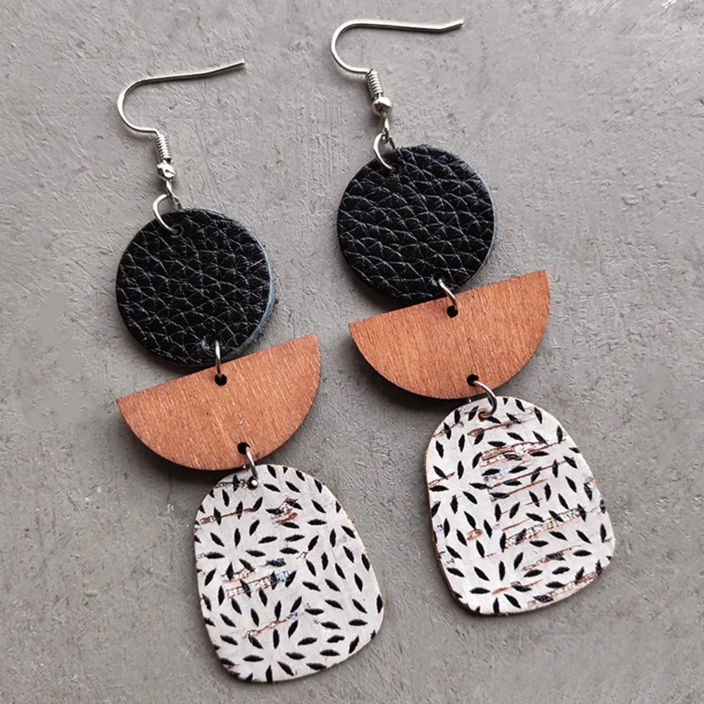 Leather & Wood Drop Earrings, image 3