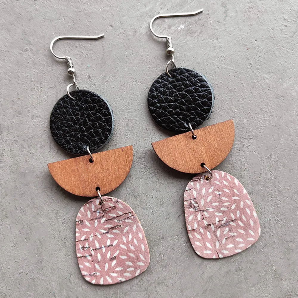 Leather & Wood Drop Earrings, image 4