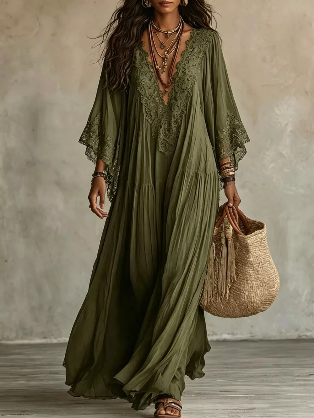 Lace Trim V-Neck Maxi Dress, image 8