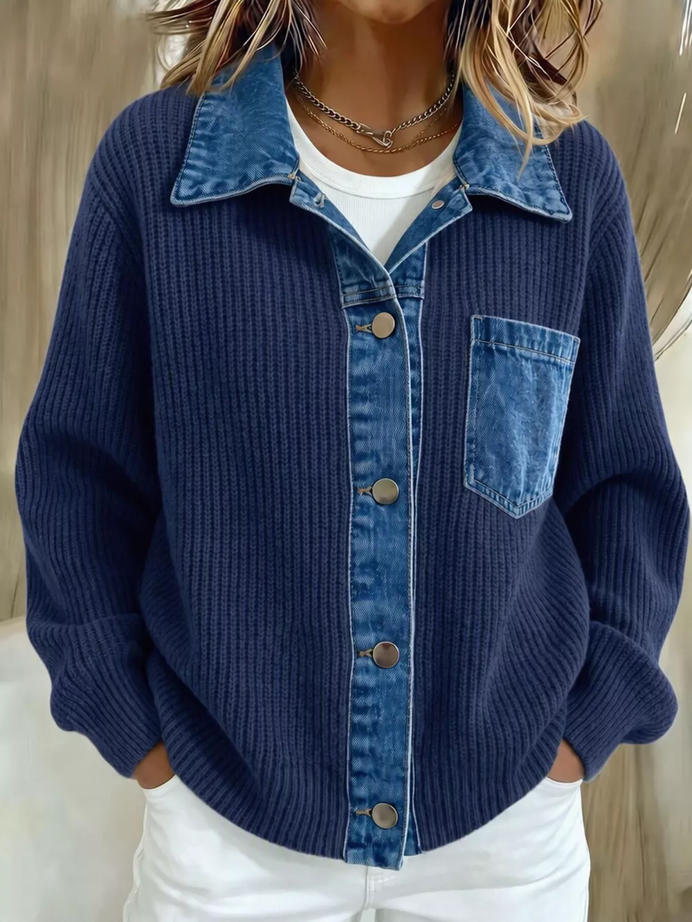 Denim Trim Button Up Cardigan, image 5