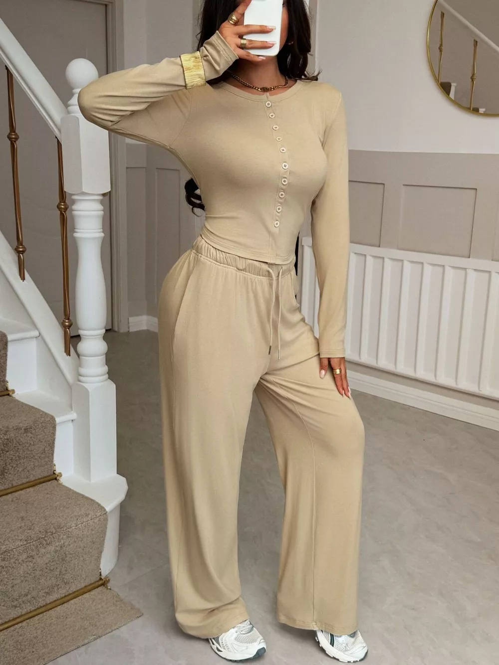 Button-Front Long Sleeve Top & Wide Leg Pants Set, image 3