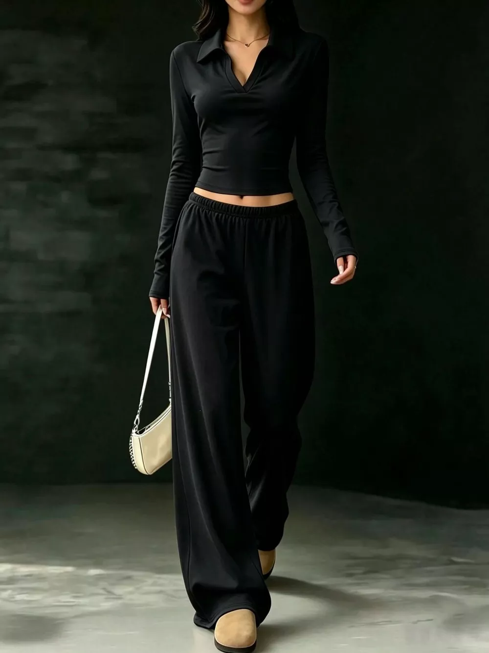 Long-Sleeve Polo Top and Wide-Leg Pants Set, image 12