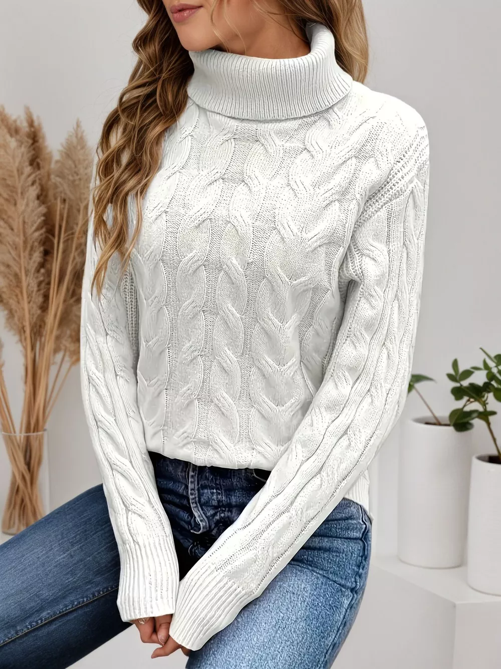 Cable Knit Turtleneck Long Sleeve Sweater, image 6