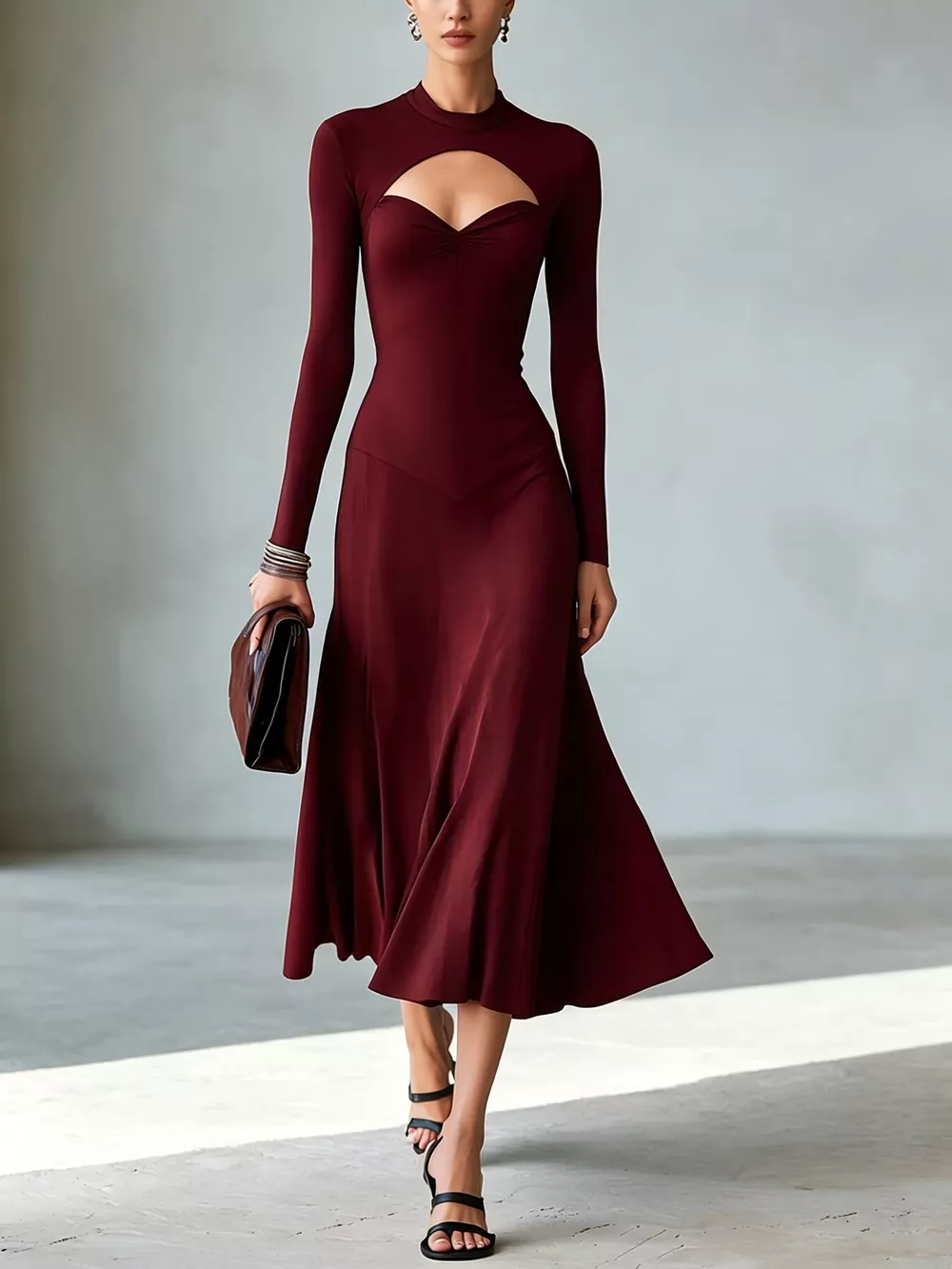 Full Size Mock Neck Cut-Out Long Sleeve Midi Dress Plus Size, image 13