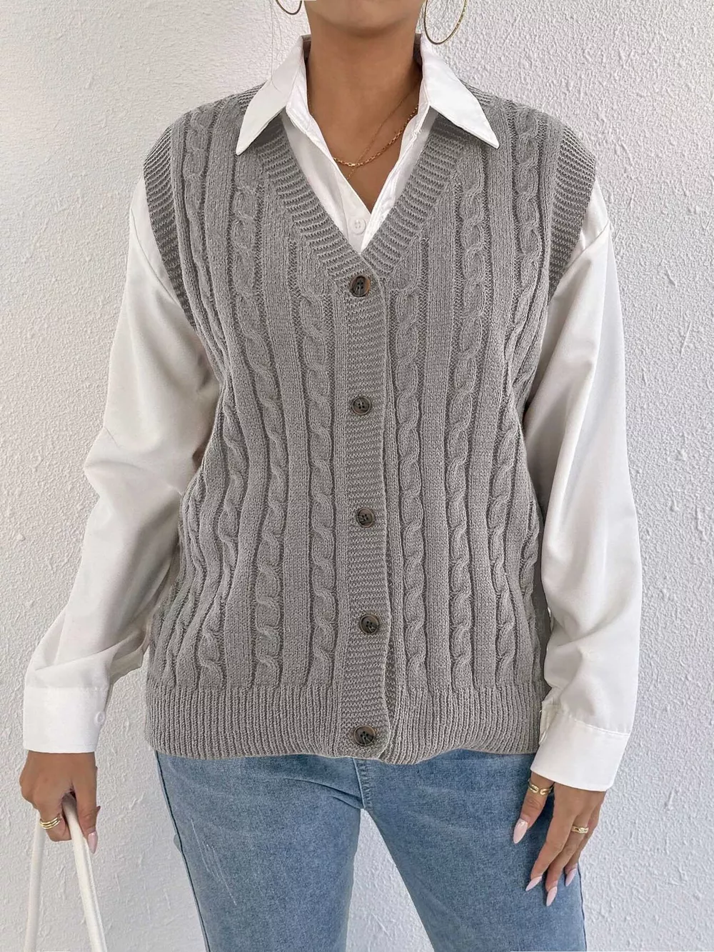 Cable-Knit Button-Up Sweater Vest, image 11