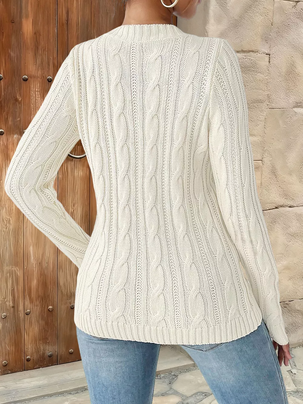 Strawberry Embellished Cable Knit Round Neck Sweater, image 4