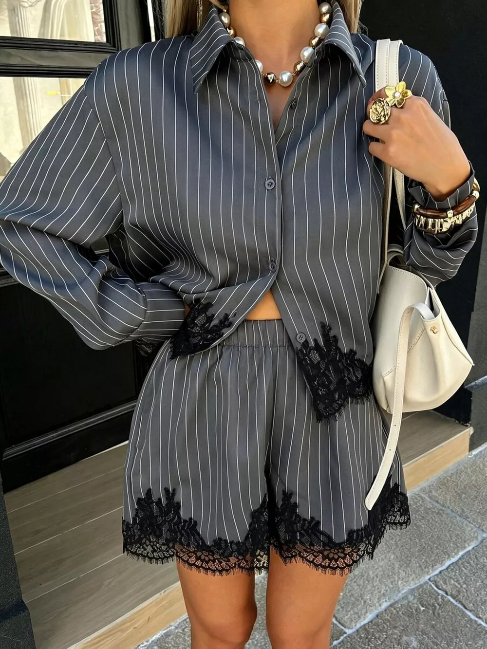 Lace Trim Striped Button-Down Shirt and Shorts Set, image 2