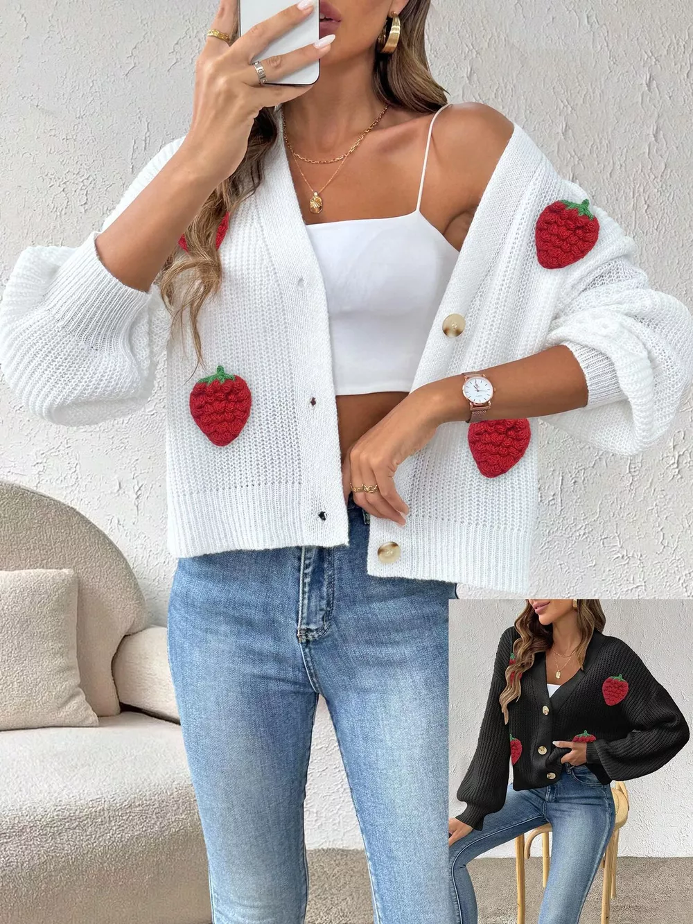 Strawberry Applique Button Up Cardigan, image 3