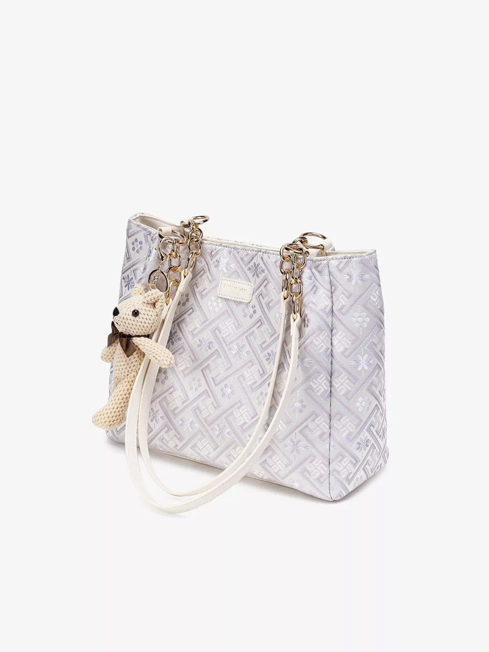 Geometric Pattern Jacquard Shoulder Bag with Detachable Teddy Bear Charm, image 6